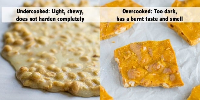 Undercooked vs. overcooked peanut brittle.