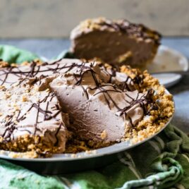 Chocolate cream pie with graham cracker crust.