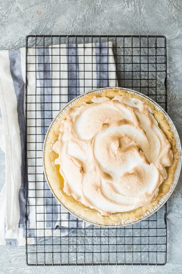 An overhead shot of a lemon meringue pie.