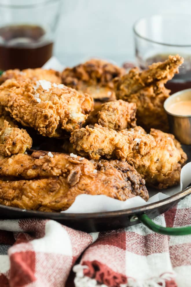Fried chicken on a serving platter.