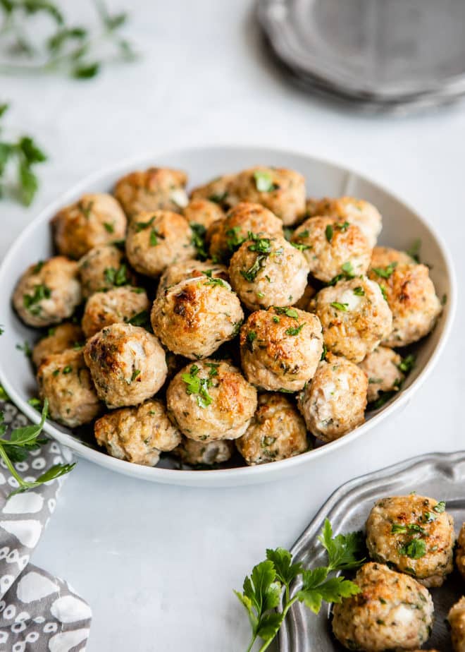 Leaner than beef, these Turkey Meatballs are healthy, packed with flavor, and incredibly moist on the inside. A combination of fresh and dried herbs give these meatballs an Italian flare while also providing a balance of flavors. Good and good for you, these meatballs freeze beautifully and can be reheated in no time. To sauce or not to sauce, I leave that up to you!