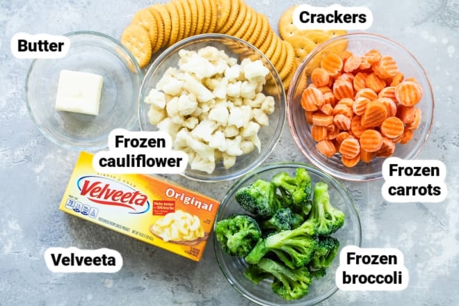 Labeled ingredients for vegetable casserole.