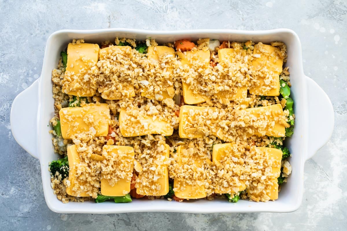 Frozen vegetables with velveeta and cracker crumbs on top.