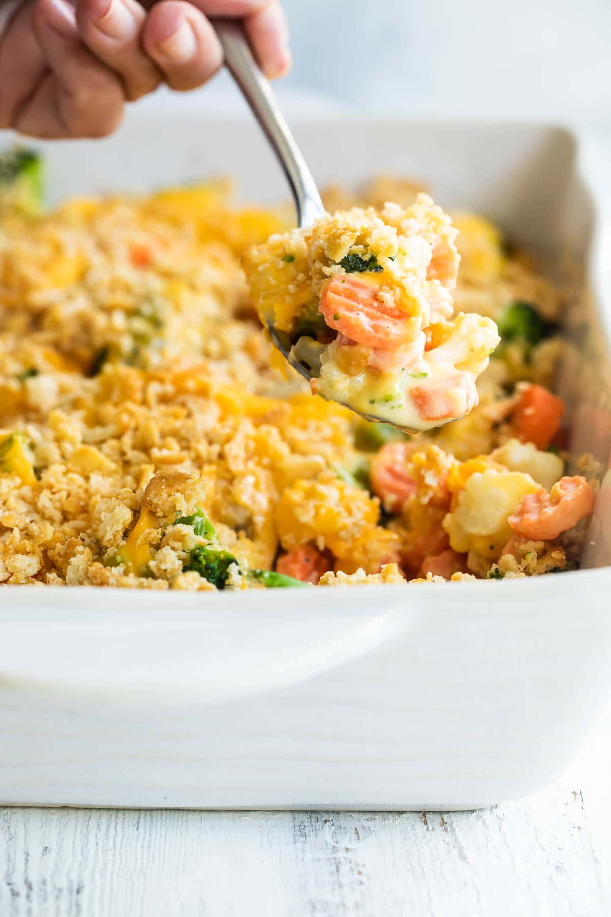Baked vegetable casserole in a baking dish.