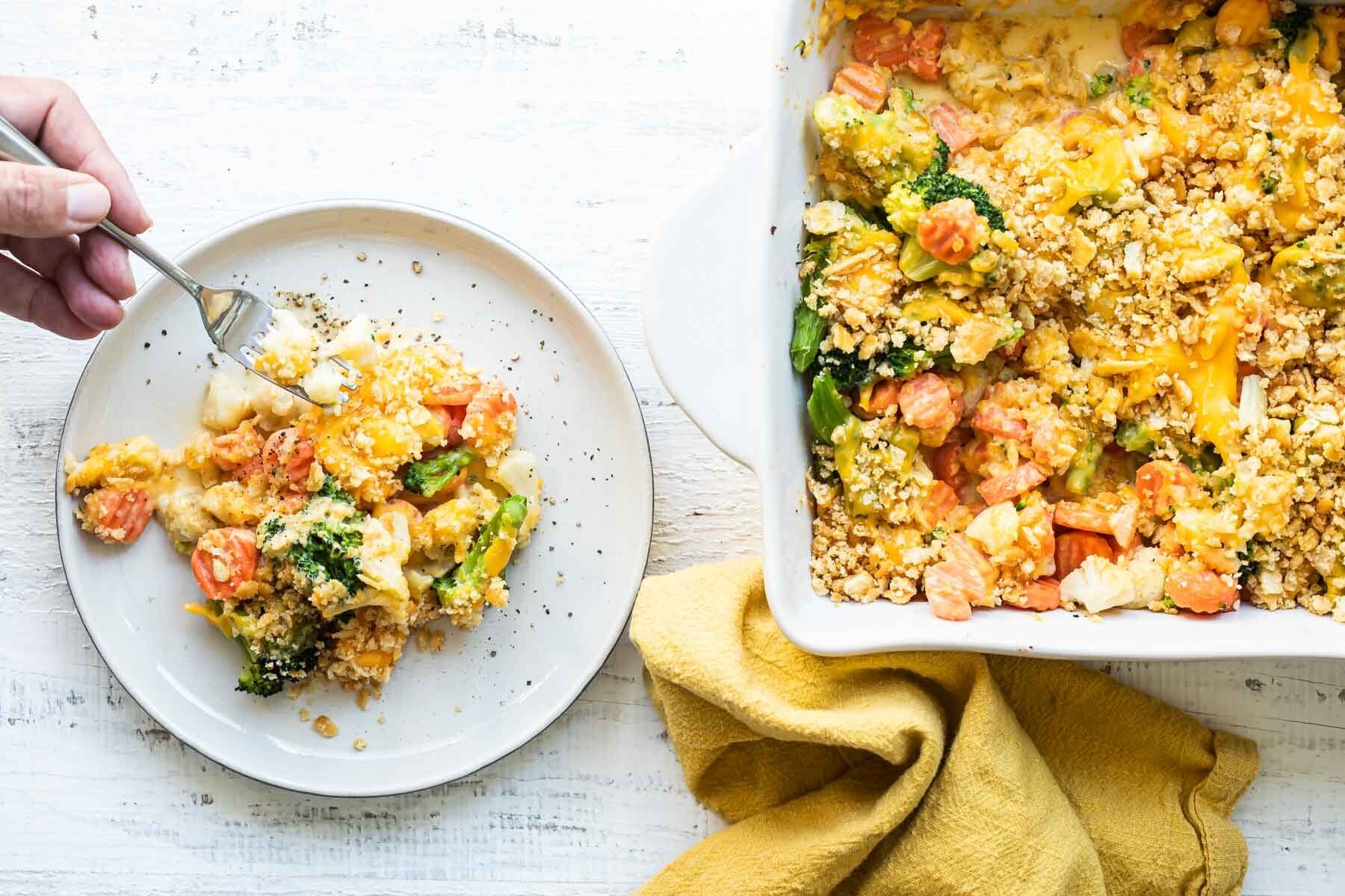 Baked vegetable casserole in a baking dish.