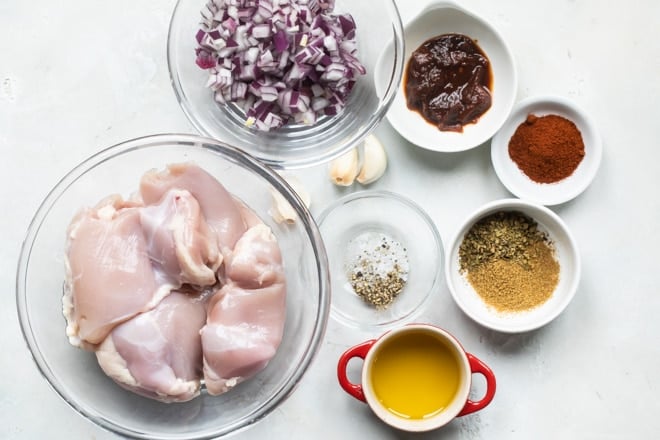 Ingredients for Chipotle chicken in various bowls.