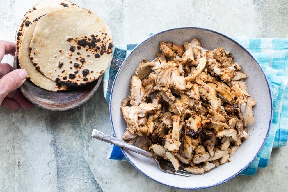 Chipotle chicken in a white serving bowl.