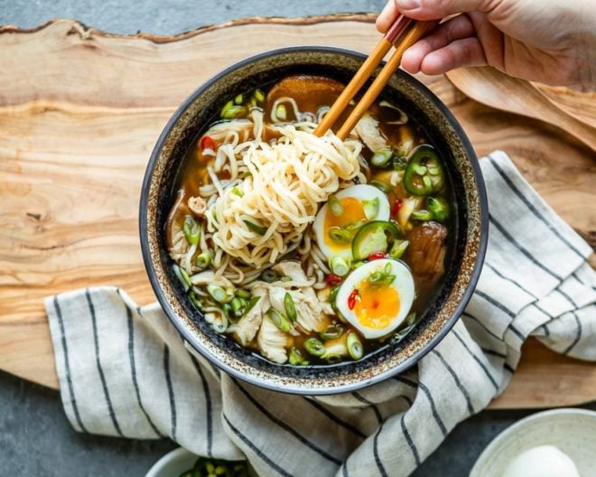 An easy recipe for Chicken Ramen soup. Prep all your ingredients ahead and you can have delicious homemade chicken ramen on the table in 15 minutes or less.