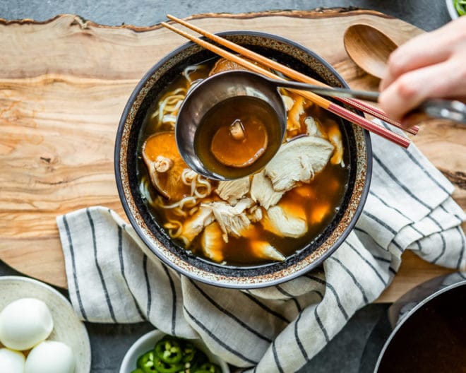 An easy recipe for Chicken Ramen soup. Prep all your ingredients ahead and you can have delicious homemade chicken ramen on the table in 15 minutes or less.