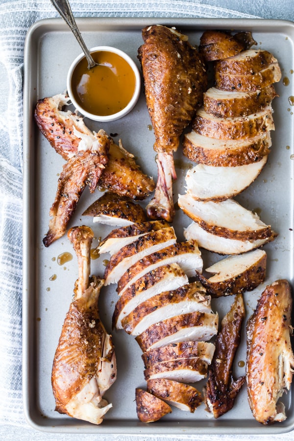Cut smoked turkey on baking sheet.