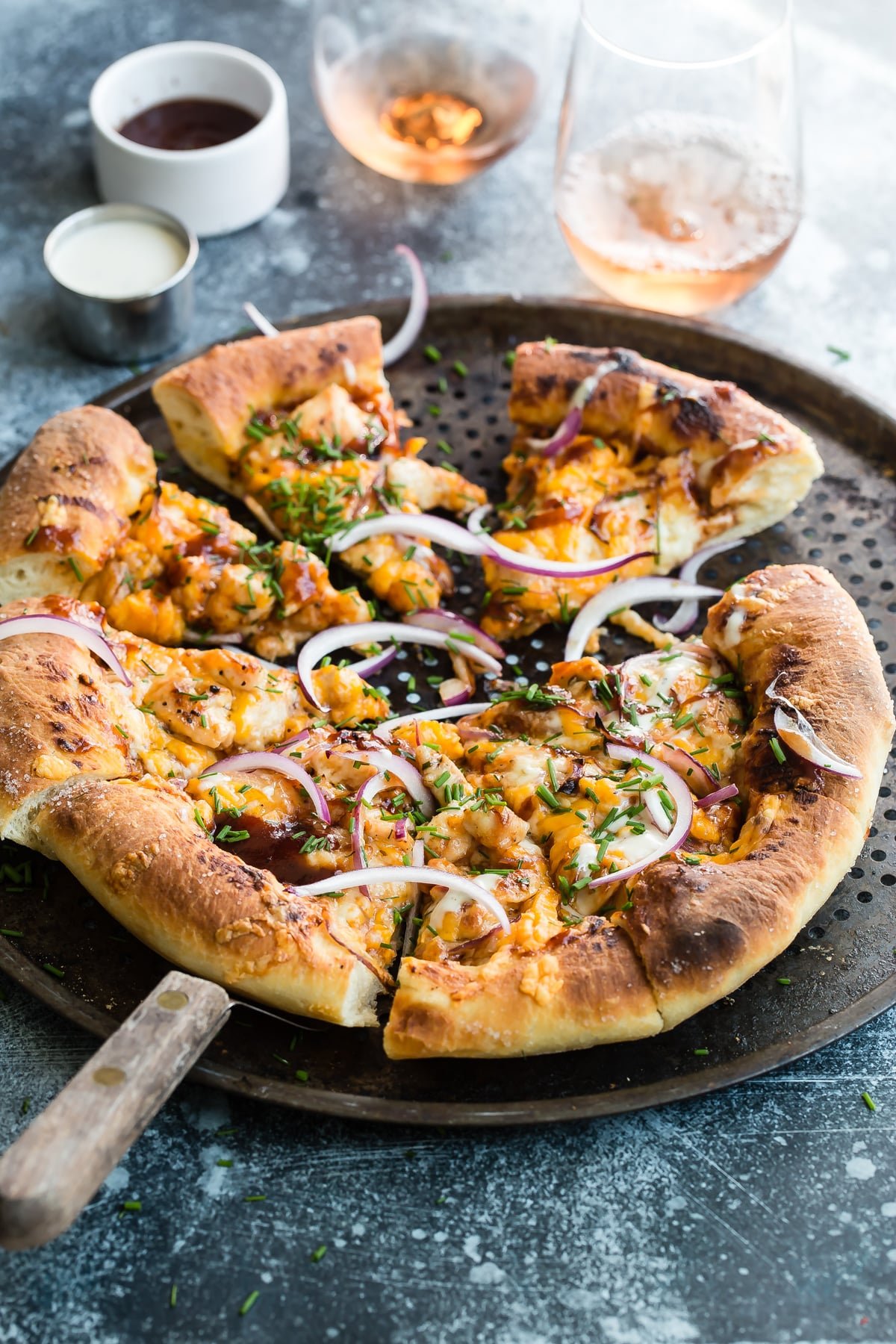 Bbq chicken skillet pizza on a pizza pan.
