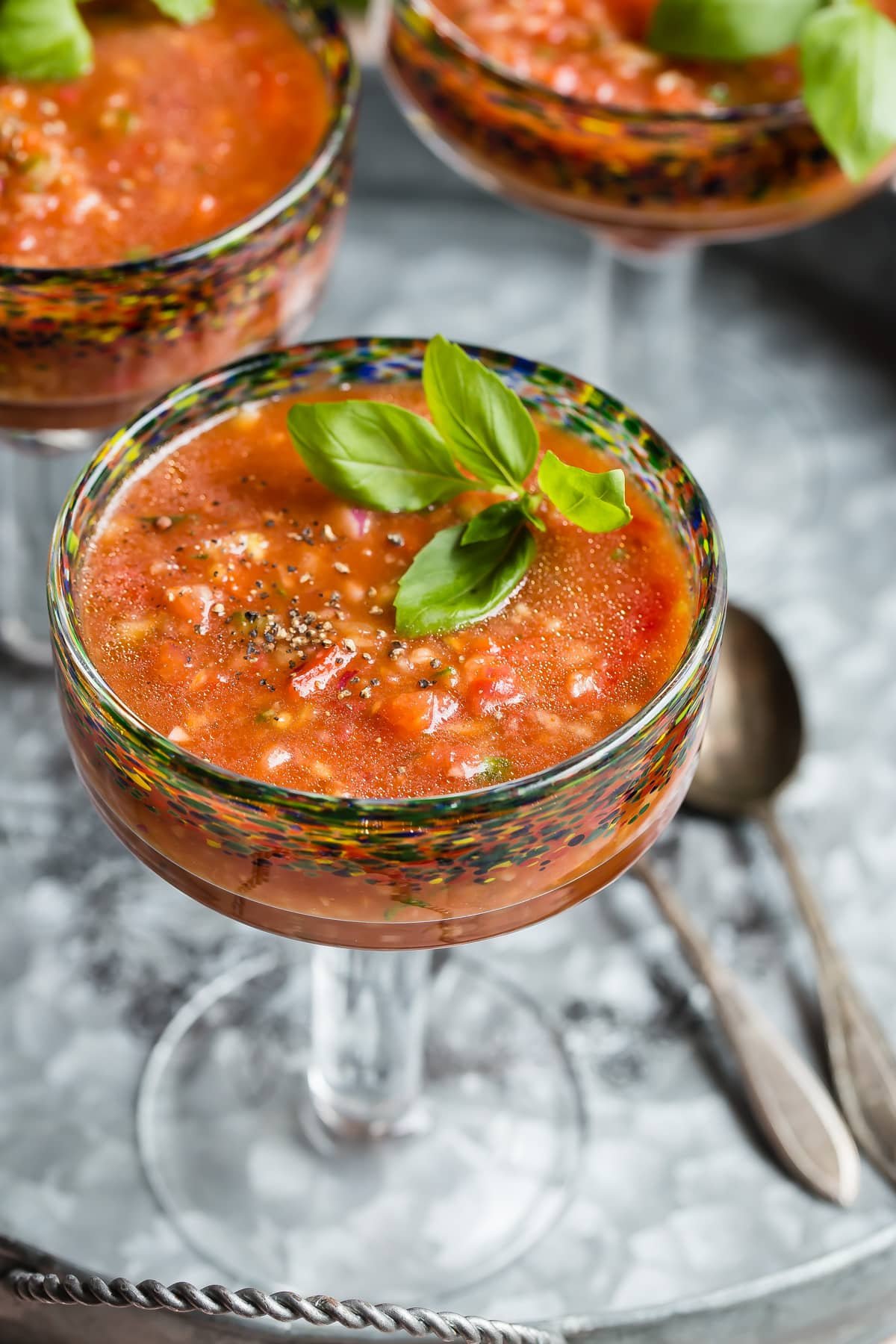 Gazpacho in a stemmed glass.