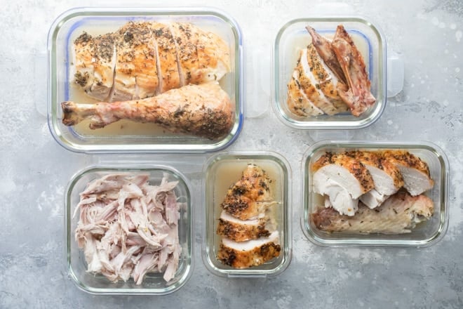 Separated turkey in clear rectangular dishes.