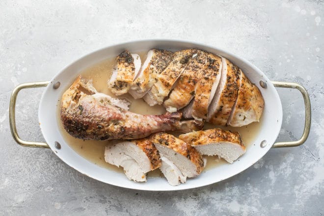 Baked turkey slices in a white baking dish.