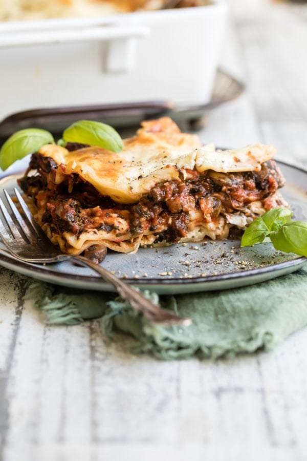 Vegetable lasagna on a blue plate.