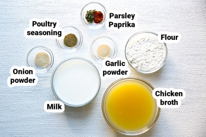 Condensed cream of chicken soup ingredients in various bowls.