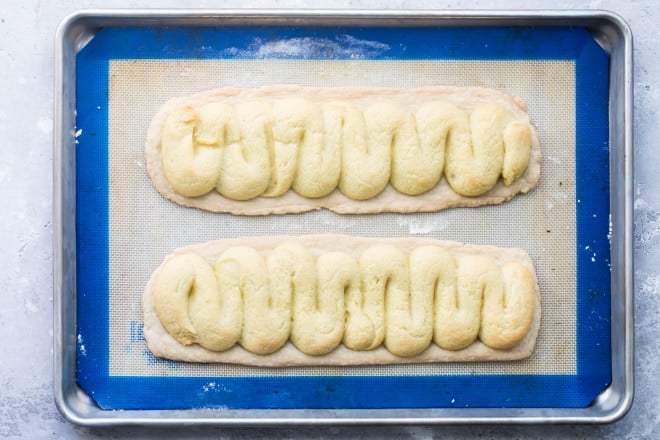Danish kringle on a baking pan.