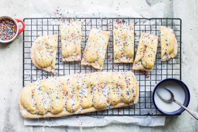 Danish kringle on a cooling rack.