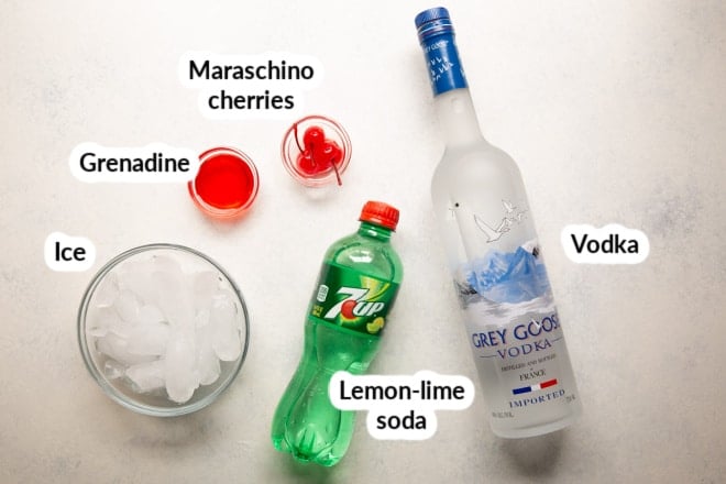 Dirty shirley ingredients in various bowls.