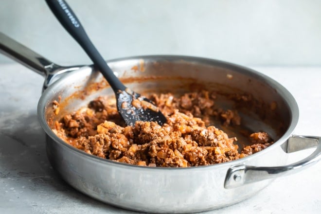 The best sloppy joe meat in a sliver skillet.
