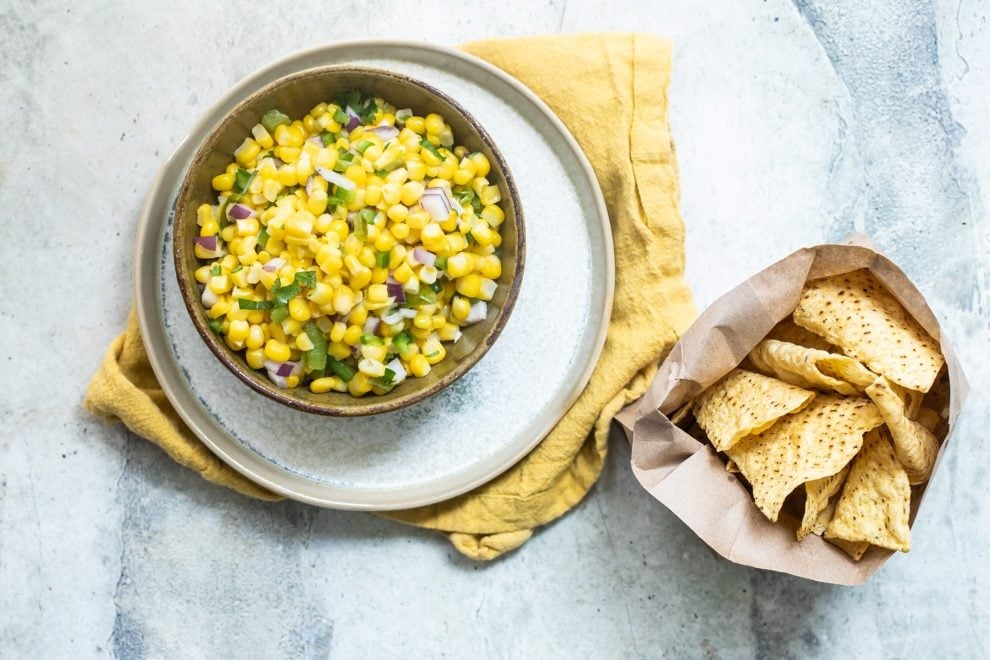 Chipotle corn salsa in a serving bowl.