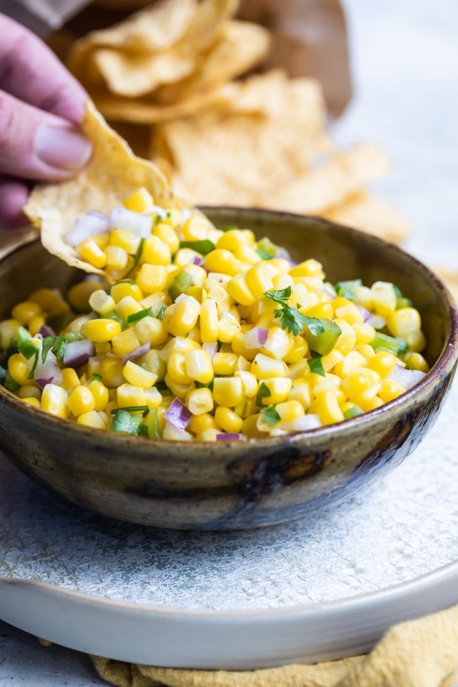 Chipotle corn salsa in a serving bowl.