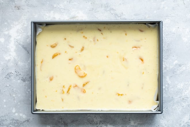 Hawaiian wedding cake batter in a cake pan.