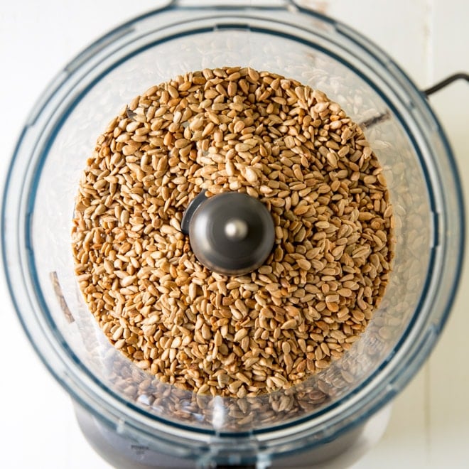 Sunflower seeds in a food processor.