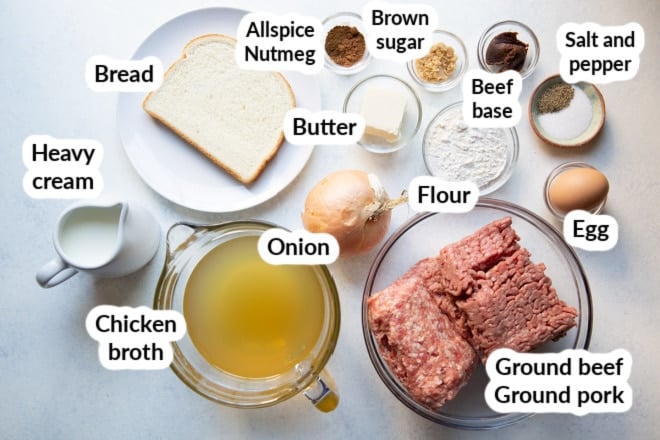 Labeled Swedish meatball ingredients in bowls.