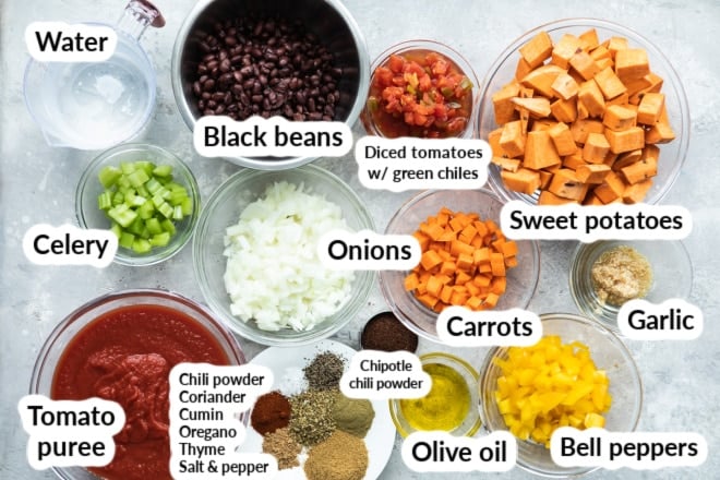 The ingredients for sweet potato chili in bowls and labeled.
