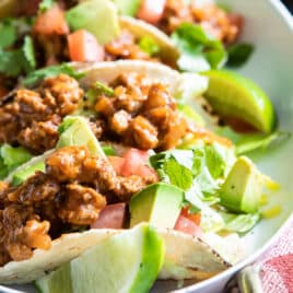 The best turkey tacos on a white platter.