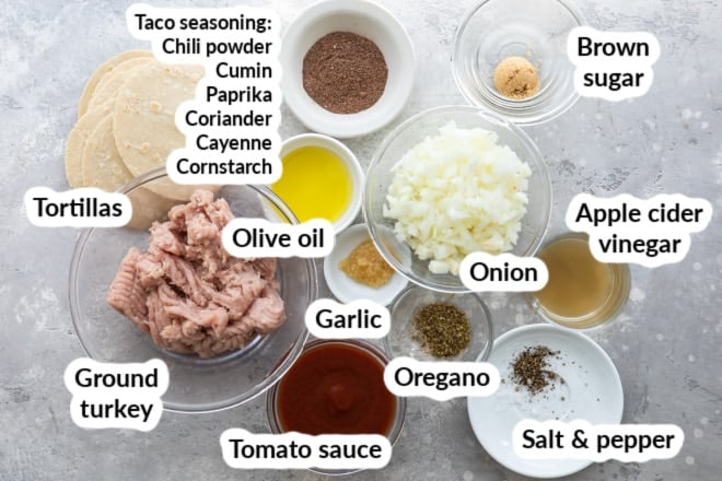 Labeled turkey taco ingredients in bowls.