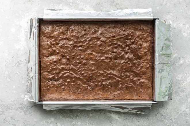 Baked brownies in a pan.