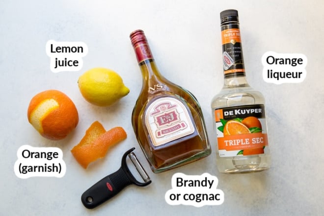Labeled ingredients for a sidecar cocktail.