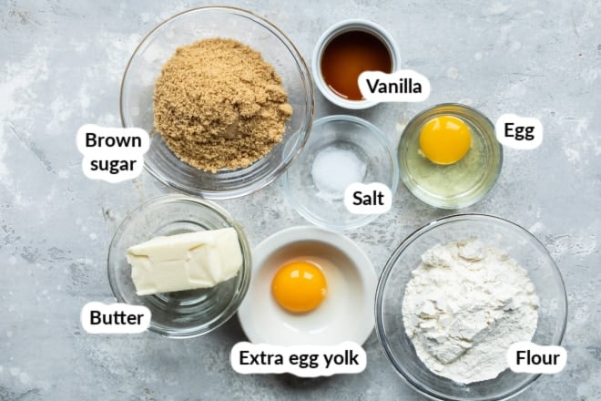Labeled Blondie bar ingredients in bowls.