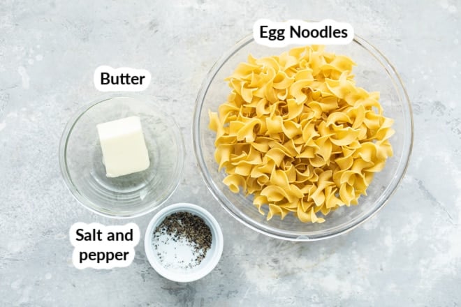 Labeled buttered noodles ingredients in bowls.