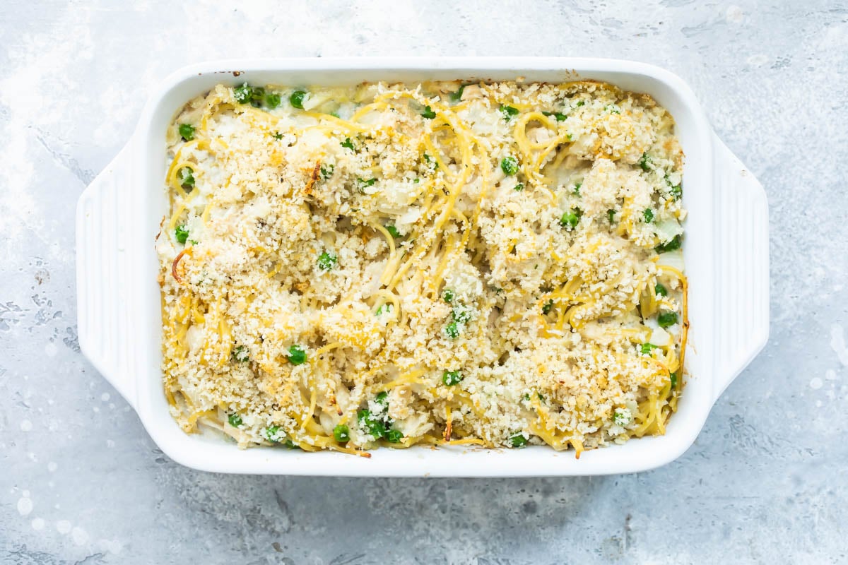 Chicken tetrazzini in a white baking dish.
