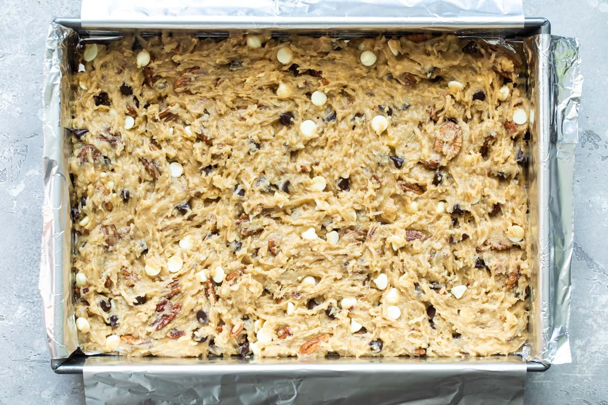 Congo bar batter in a baking pan.
