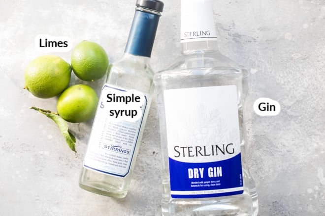 Labeled ingredients for a gimlet cocktail.