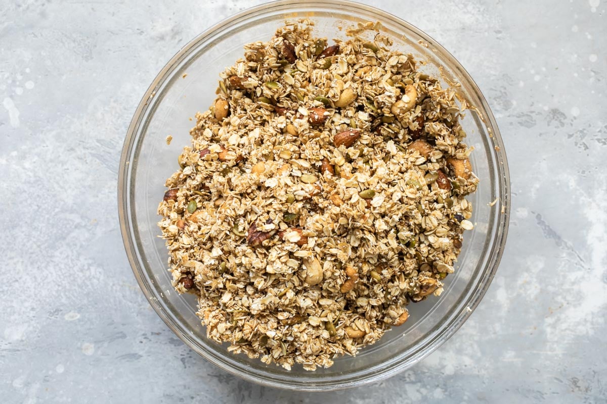 Granola in a clear bowl.