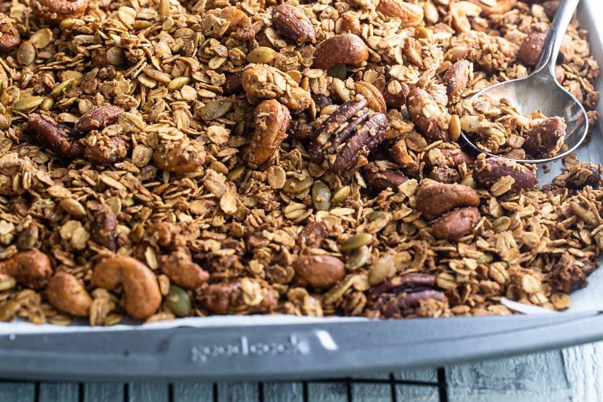 Granola on a baking sheet.