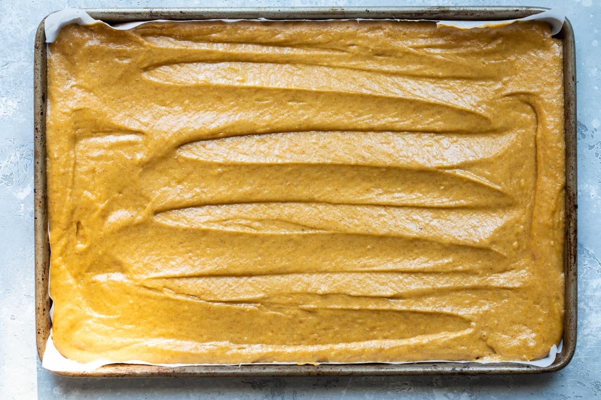 Pumpkin bar batter in a pan before being baked.