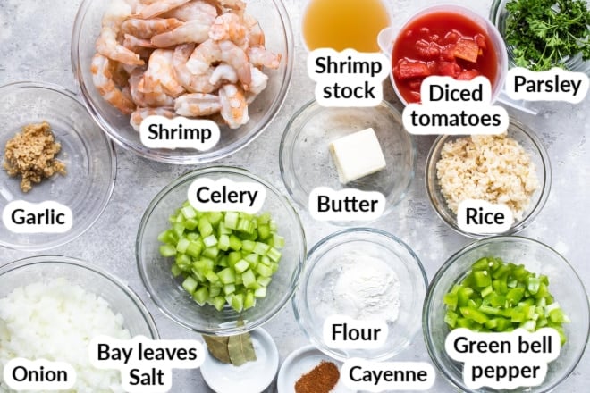 Labeled shrimp creole ingredients in various bowls.
