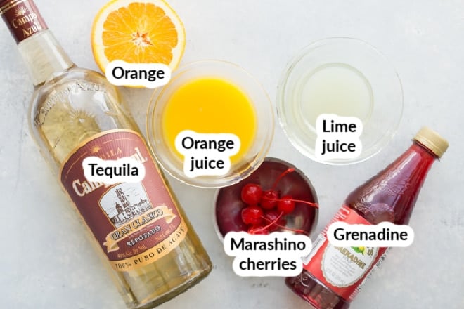 Labeled tequila sunrise ingredients.