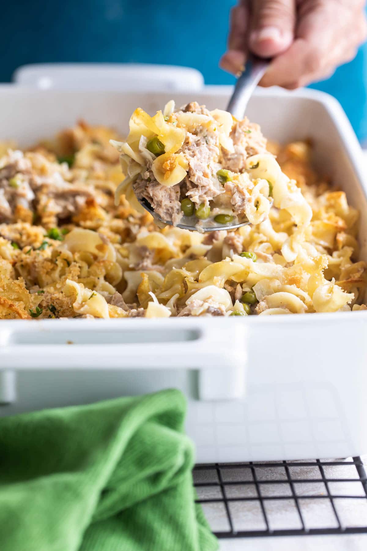 Tuna casserole in a white baking dish.