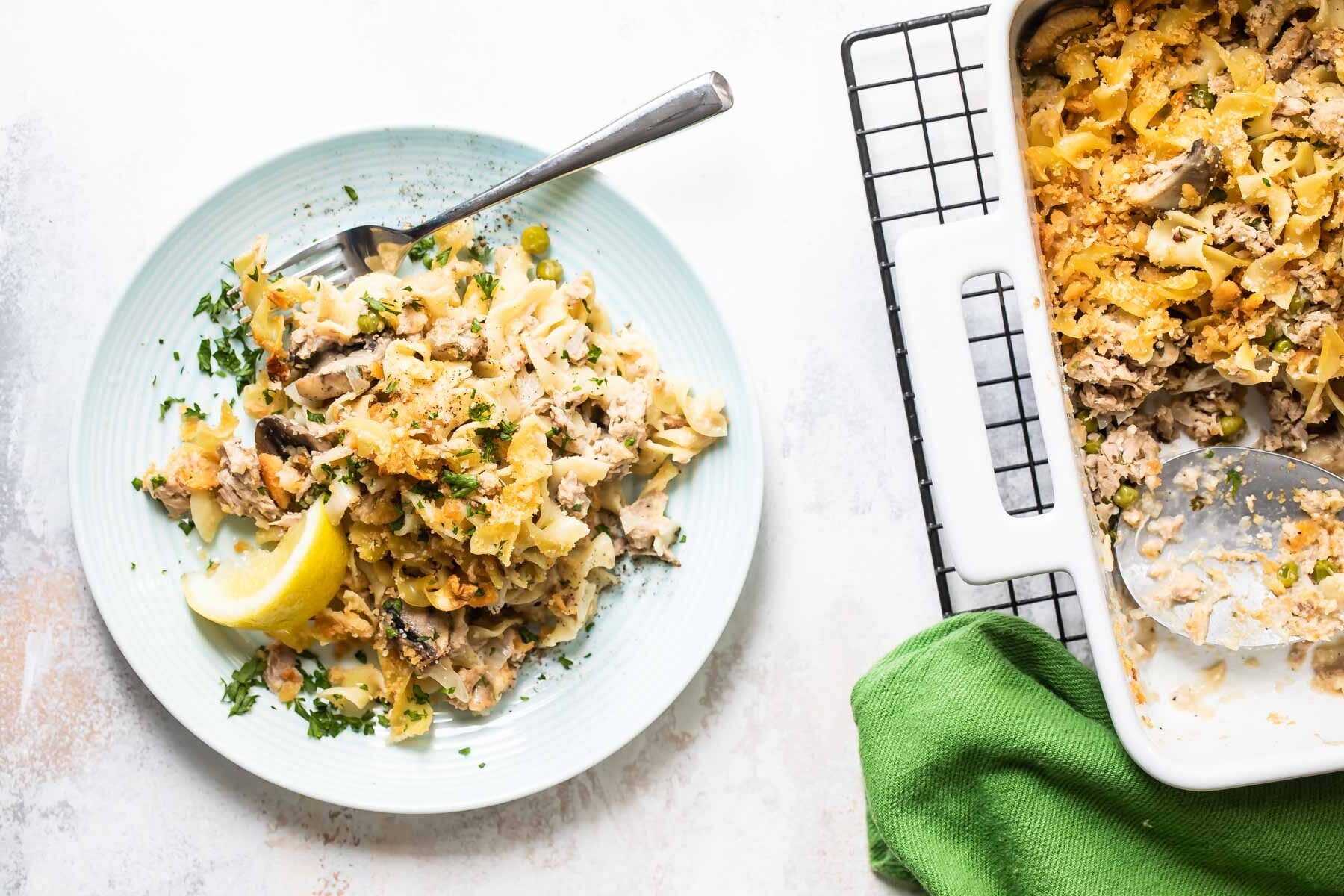 Tuna casserole on a white plate.