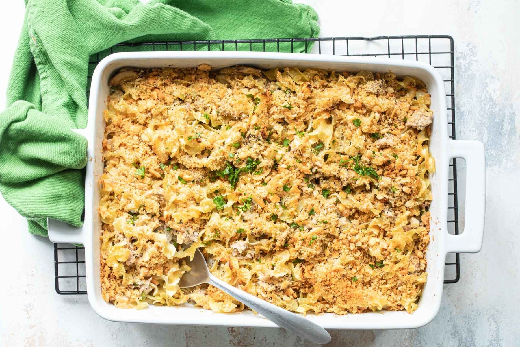 Tuna casserole in a white baking dish.