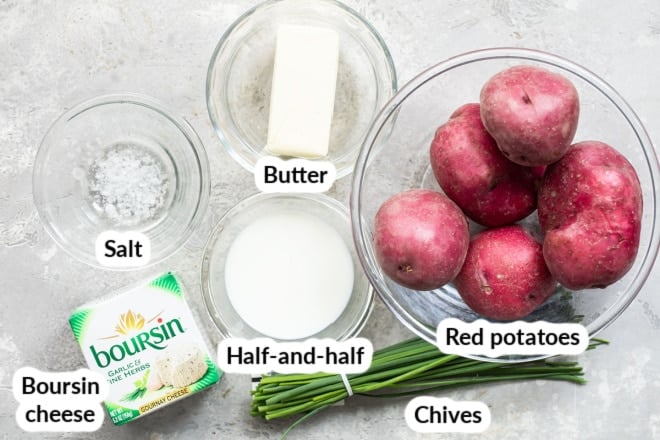 Labeled Boursin mashed potato ingredients in various bowls.