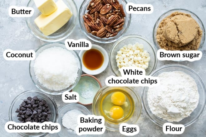 Labeled congo bar ingredients in bowls.