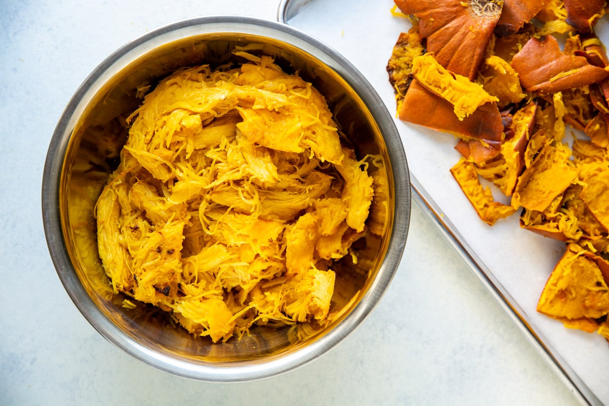 Roasted pumpkin flesh separated from the skin.
